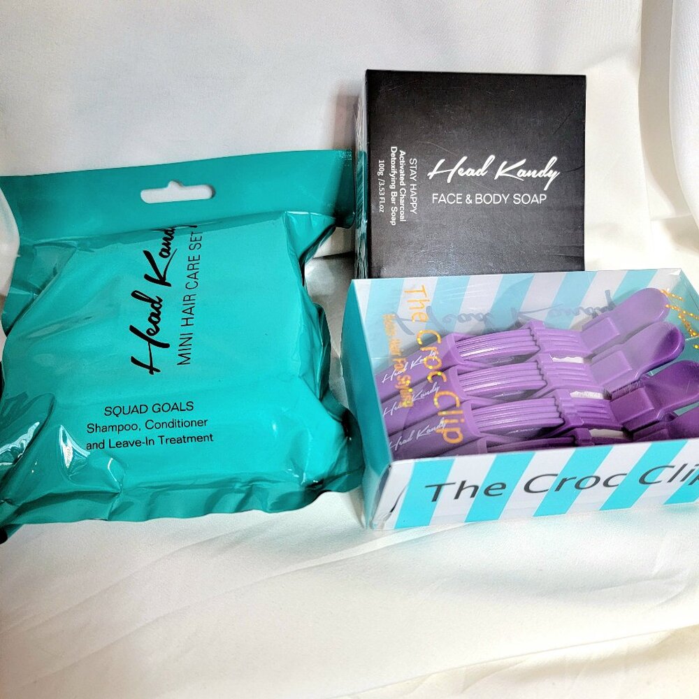 Head Kandy Mini Hair Care Set & Stay Happy Face & Body Soap + The Croc Hair Clip